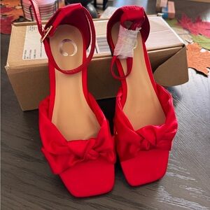 Red satin bow flats